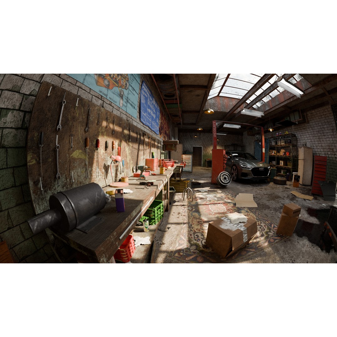Auto Garage Workshop 3D Model – Low Poly Game Asset, PBR Textures - View 7