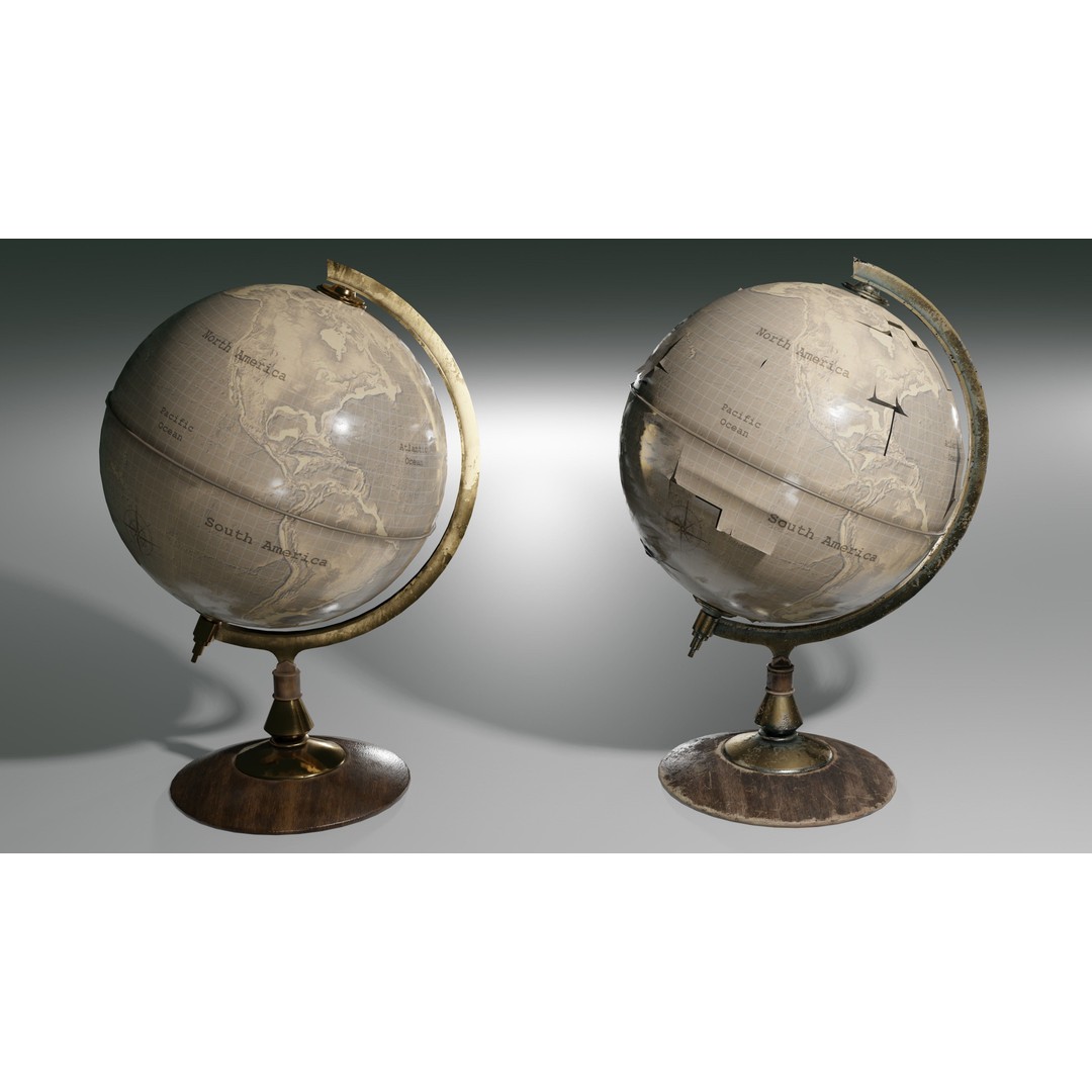 Desk Globe 3D Model – Low Poly Antique Design with PBR Textures - View 3