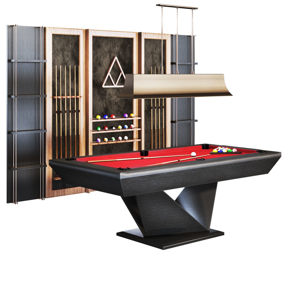 Billiard Set 3D Model – Low Poly Pool Table with Wall Decor, FBX - View 3
