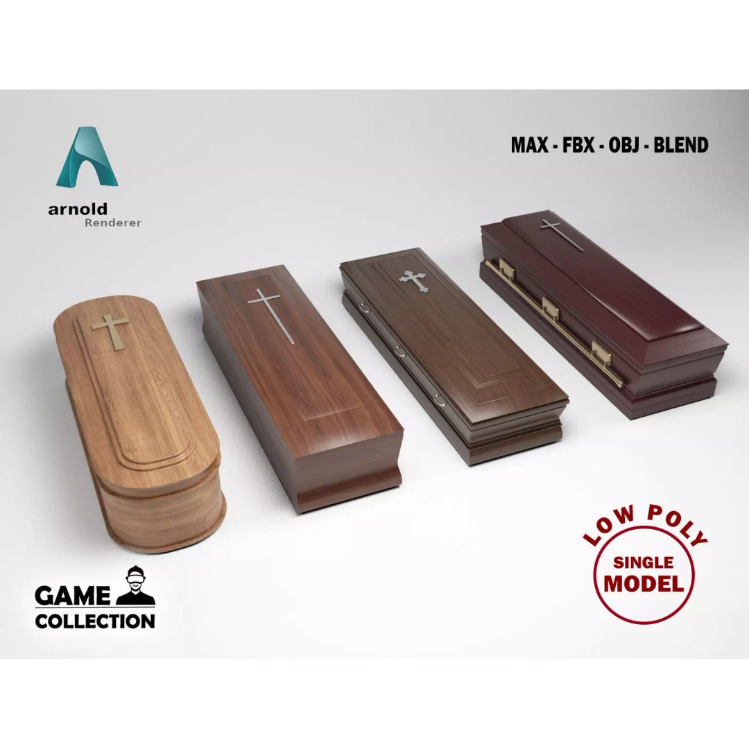 Coffins 3D Model – Low Poly Mahogany Casket for Games, FBX & OBJ - View 2