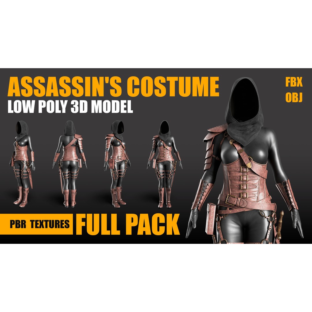 Assassin Costume 3D Model – Low Poly Character Outfit with PBR Textures, FBX - View 3