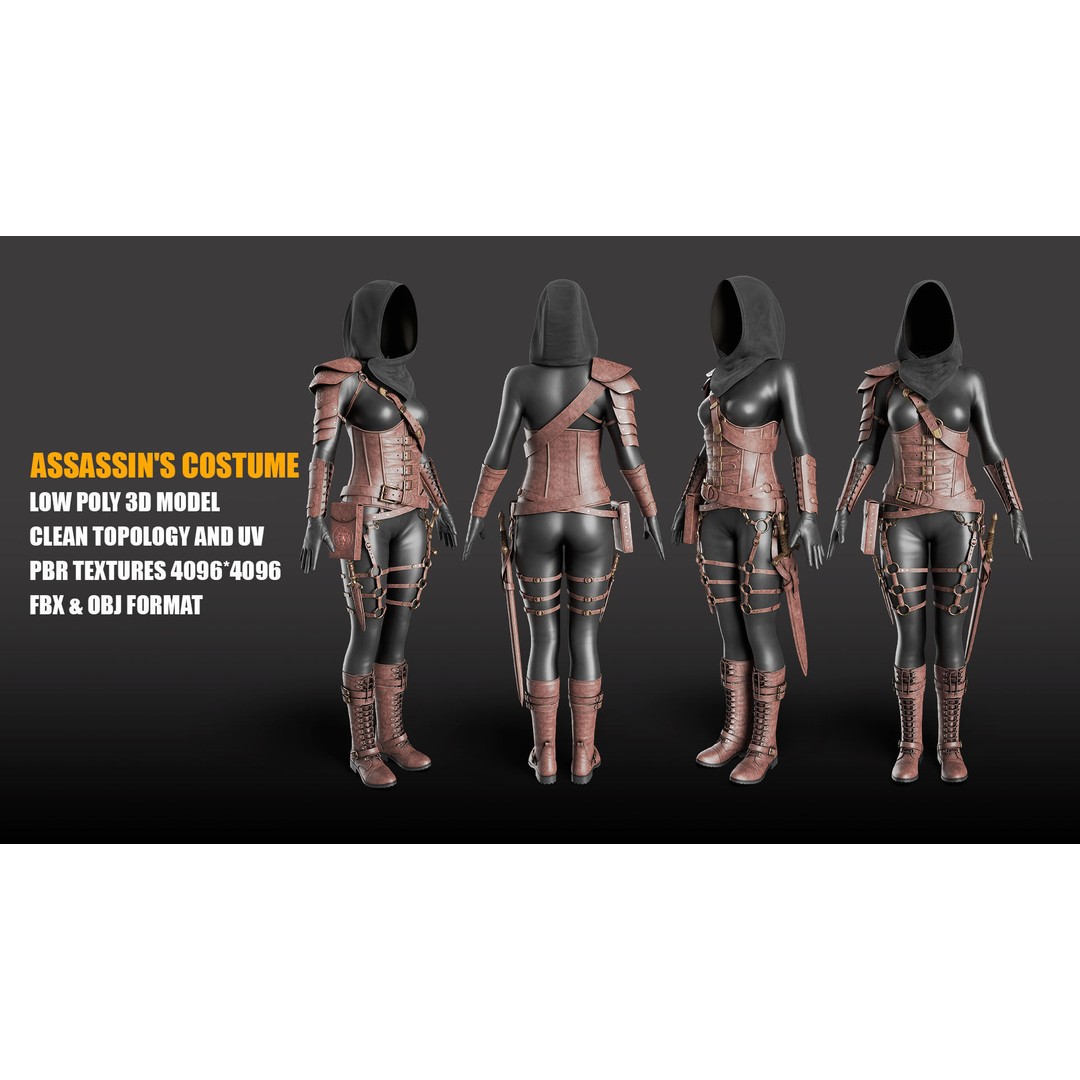 Assassin Costume 3D Model – Low Poly Character Outfit with PBR Textures, FBX - View 4