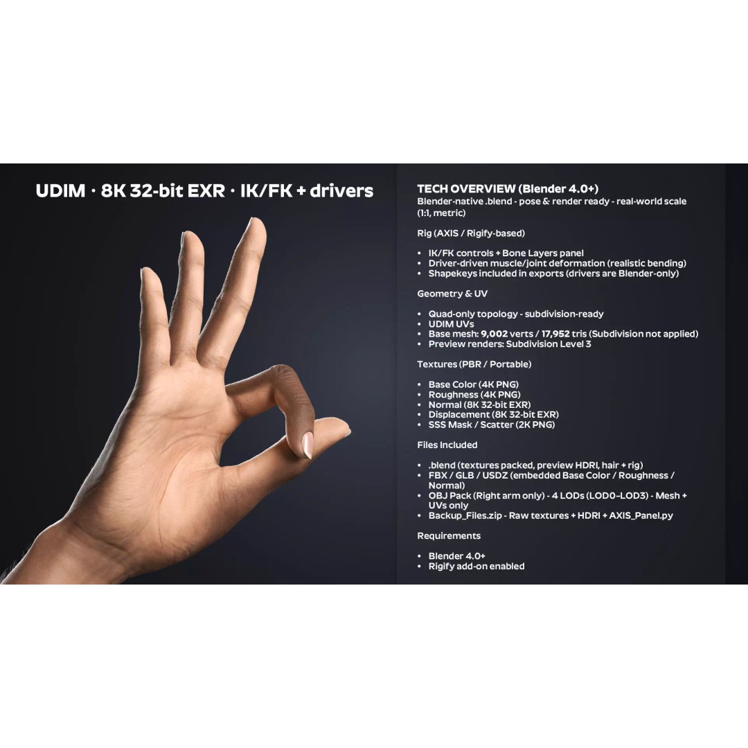 Realistic Female Hands 3D Model – Dark Skin Low Poly Rigged Asset, Blender - View 13