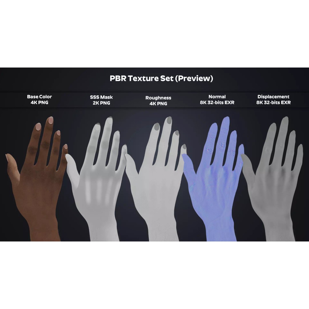 Realistic Female Hands 3D Model – Dark Skin Low Poly Rigged Asset, Blender - View 15