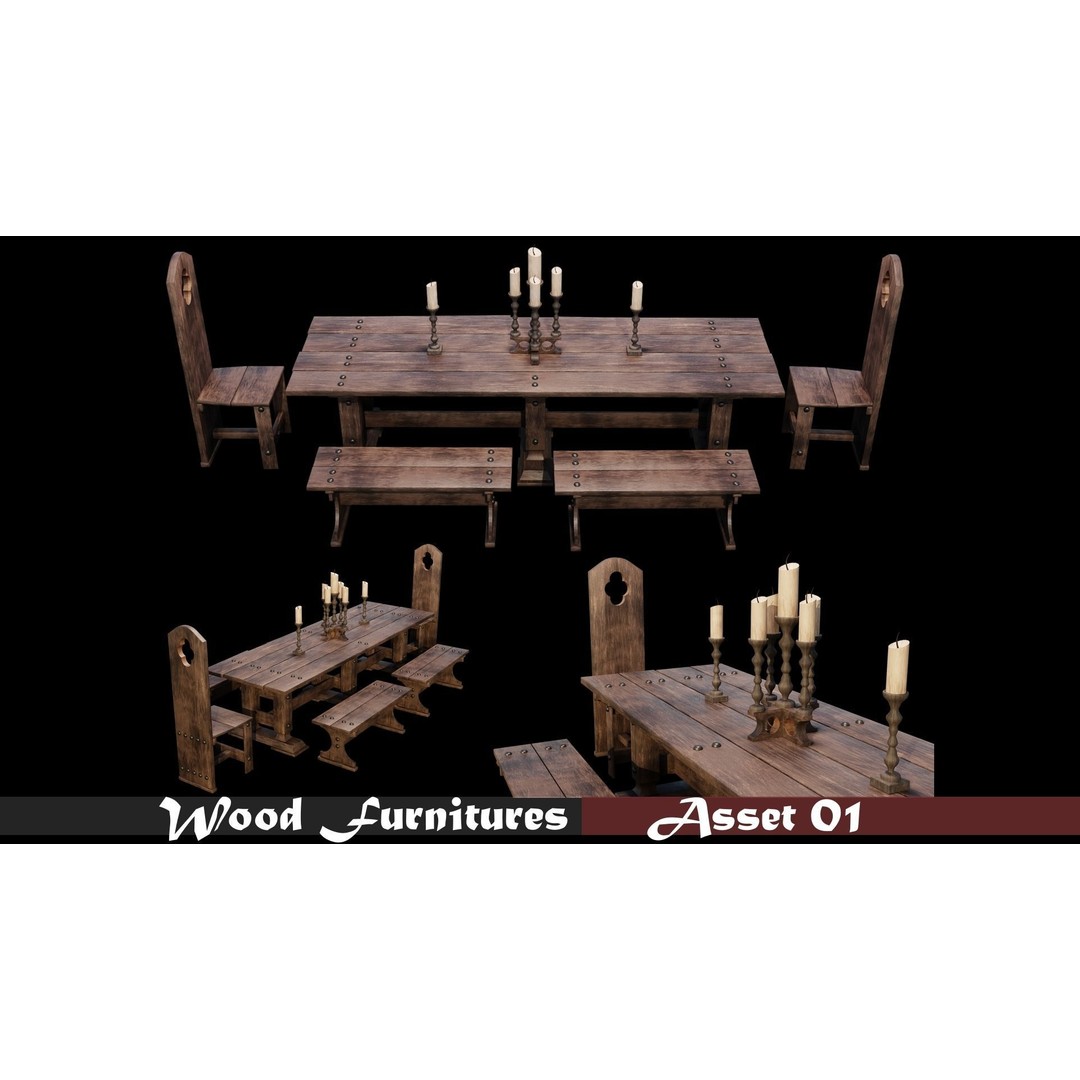 Wood Furniture 3D Model – PBR Game Ready Collection with 4K Textures - View 3