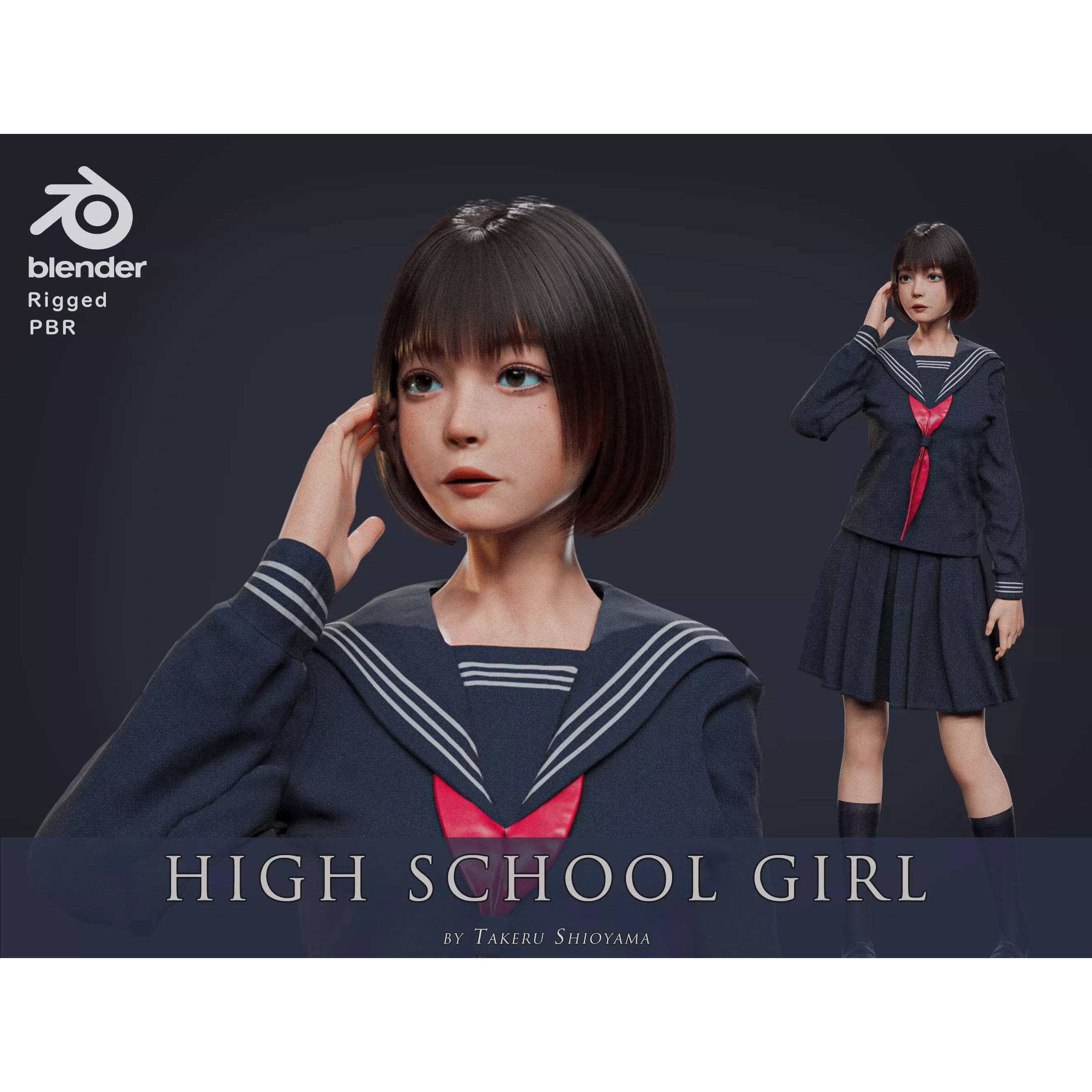 High School Girl - Fully Rigged Game-Ready 3D Model - View 2