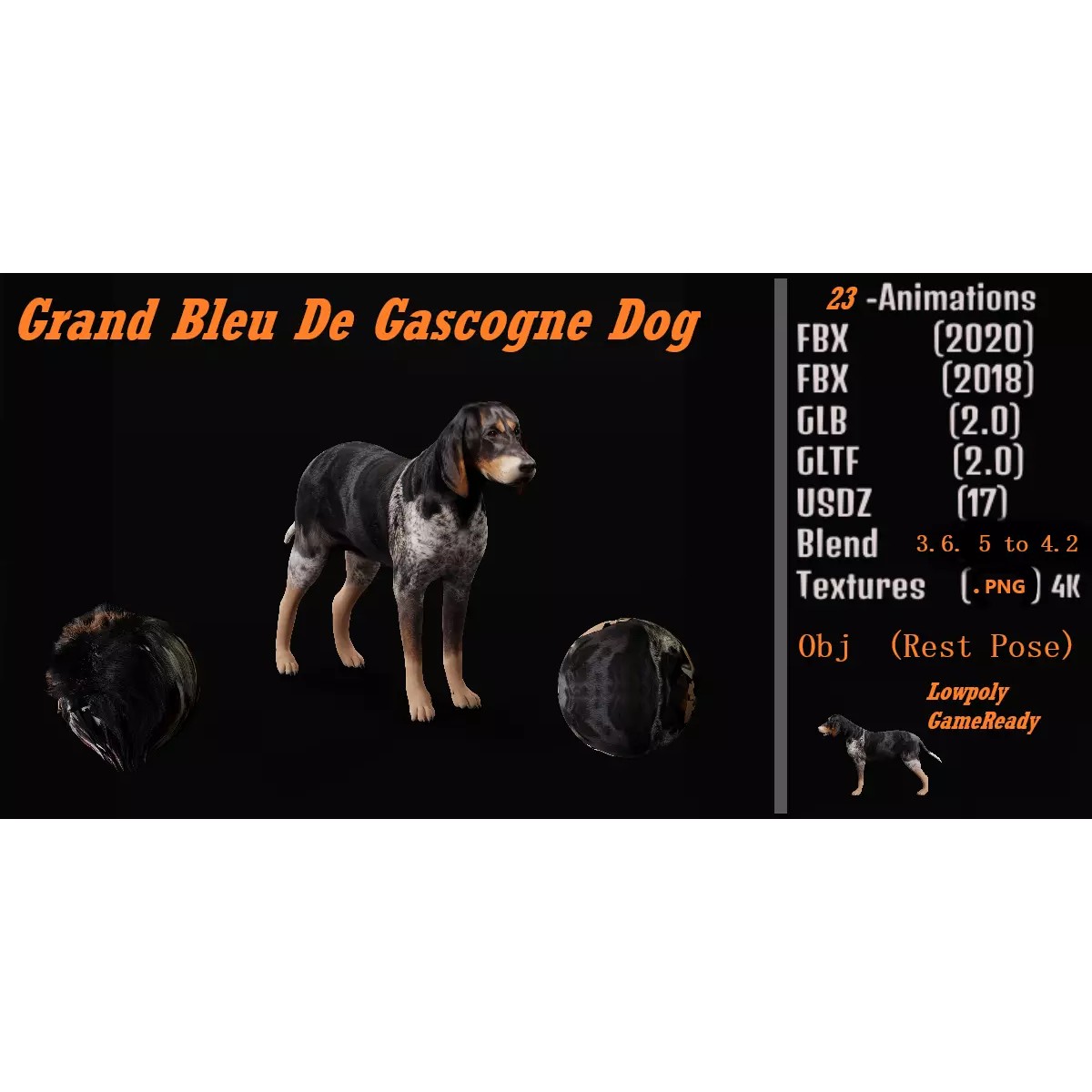Grand Bleu De Gascogne Dog - Low-Poly Game-Ready 3D Model - View 2
