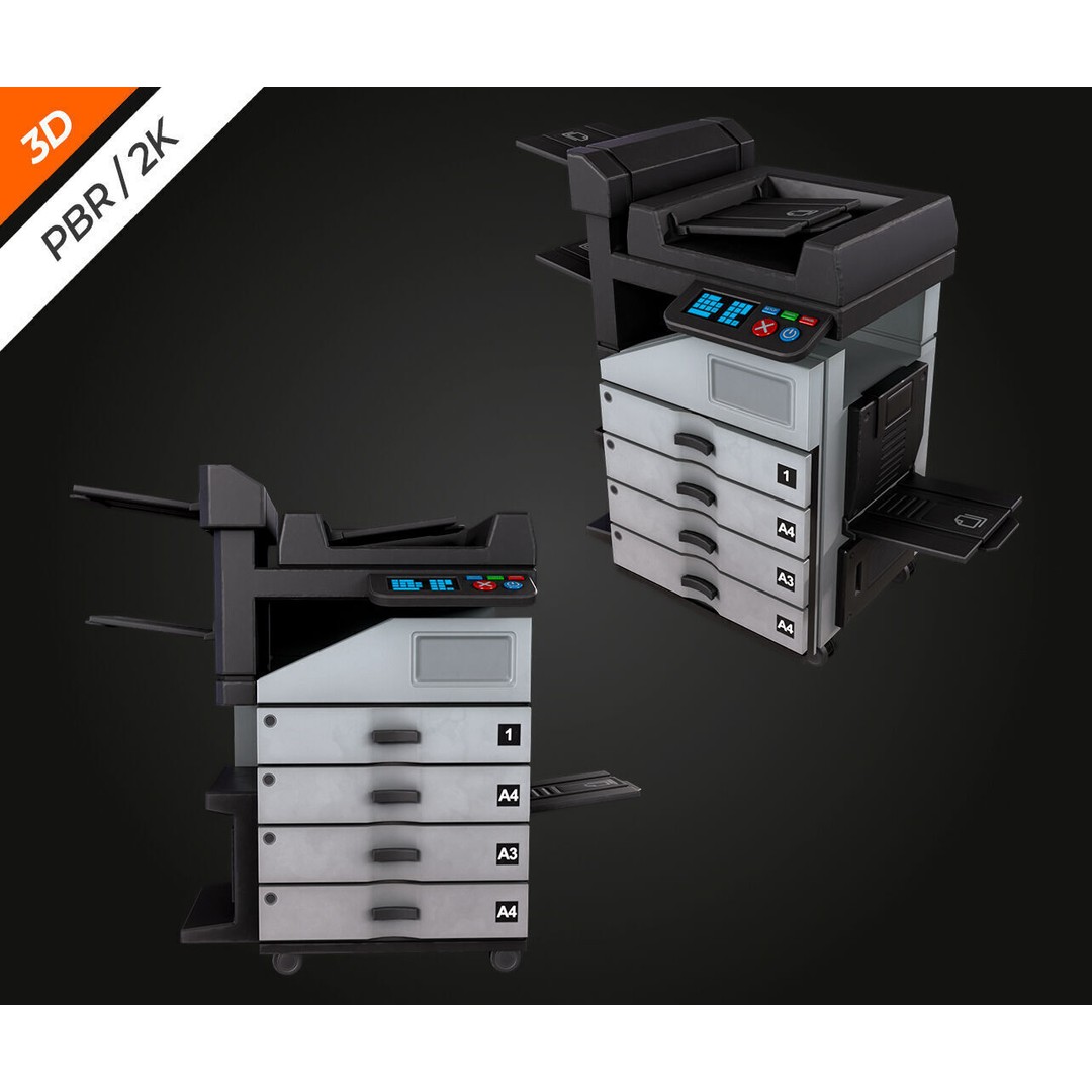 Photocopier 3D Model – Low Poly PBR Asset for Games, FBX, OBJ - View 3