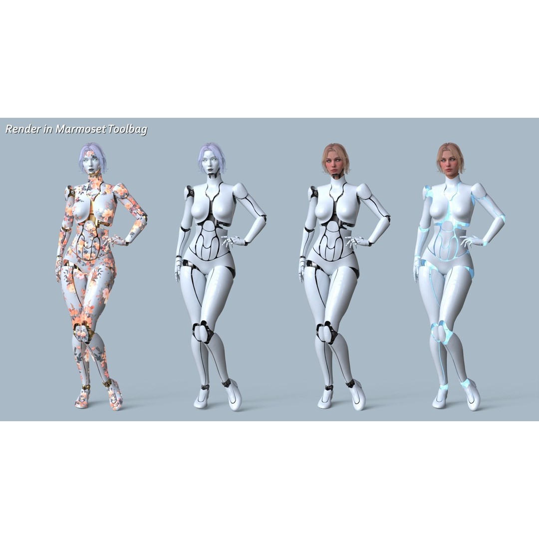 Female Robot R68 3D Model – Low Poly Rigged PBR Character for Unity & Unreal - View 3