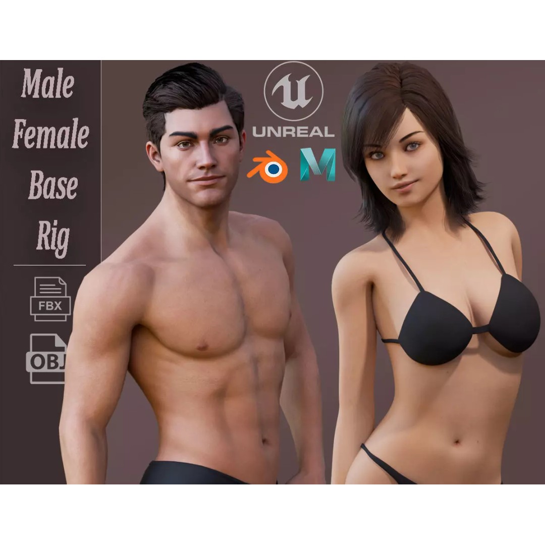 Male Female Base Character 3D Model – Low Poly Rigged Asset, FBX & Blender - View 2