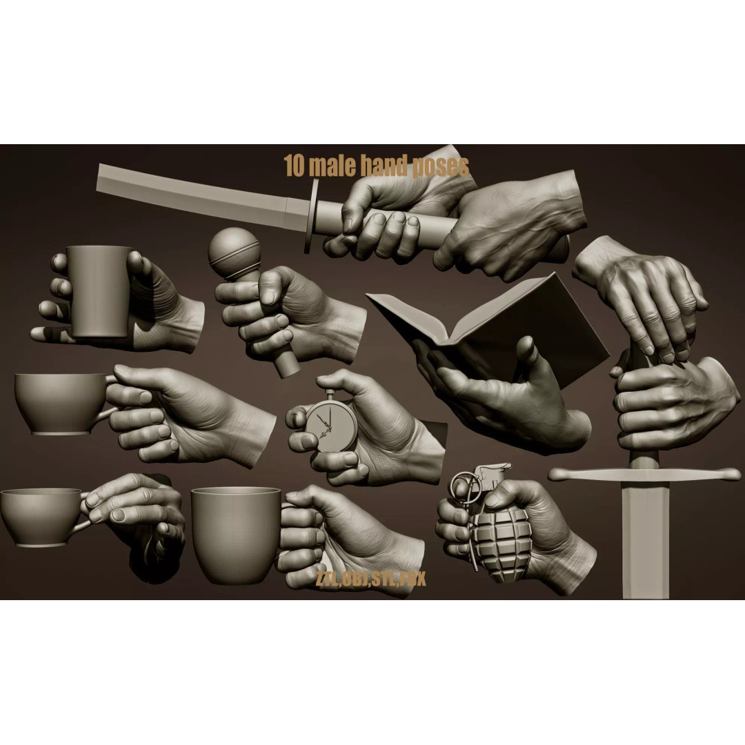 Male Hand Poses 3D Model – Realistic High Poly Collection, FBX & OBJ - View 2