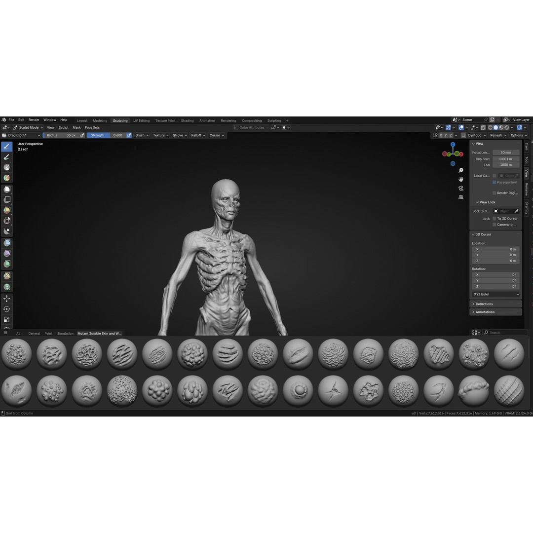 Mutant Zombie Skin and Wounds Brushes 3D Model – Blender Sculpting Tools - View 3