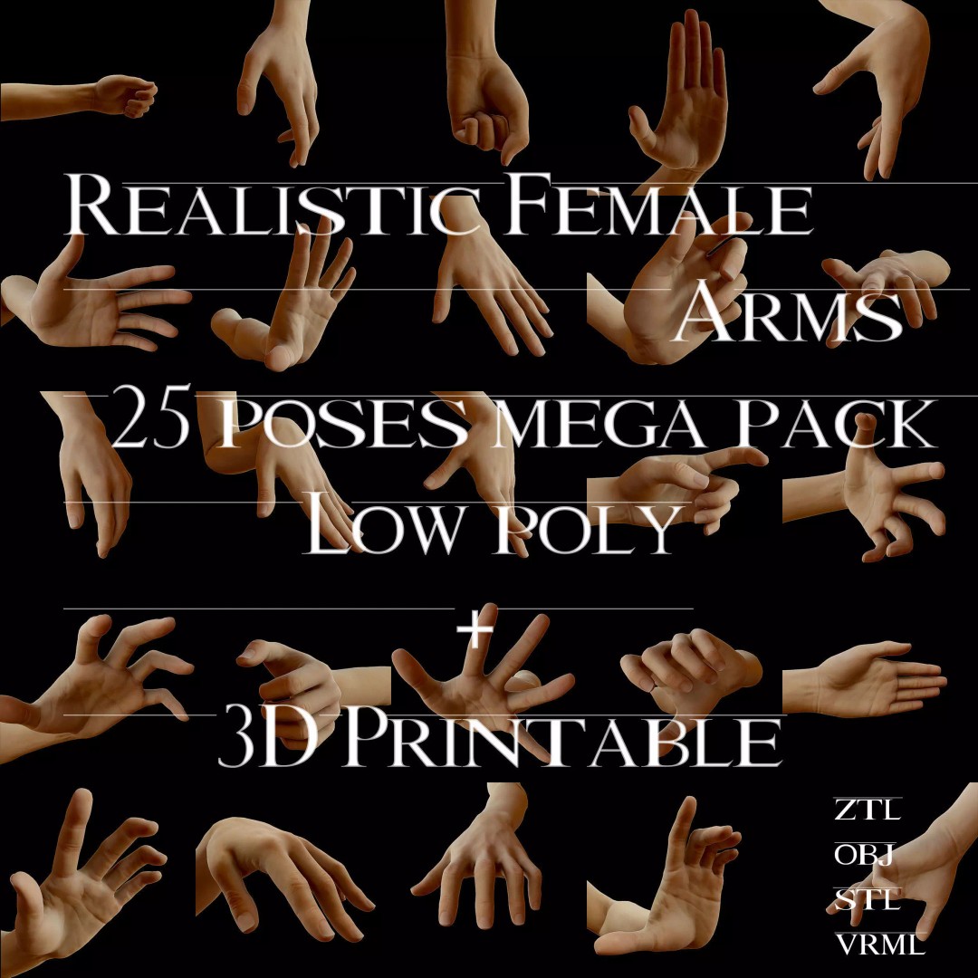 Realistic Female Arms 3D Model – Low Poly 25 Poses, OBJ & STL - View 2