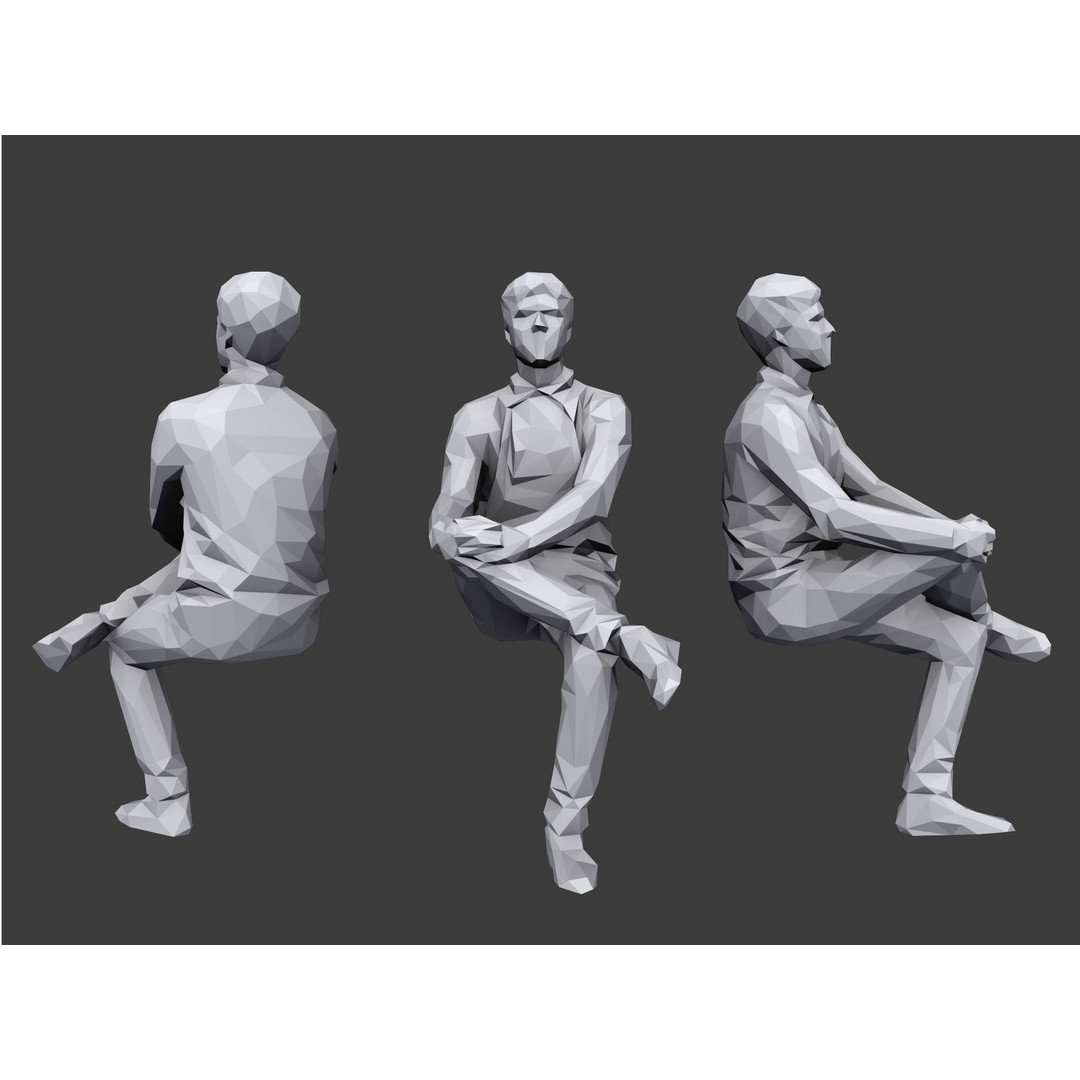 Sitting Characters 3D Model – Low Poly Stylized People for Archviz - View 3