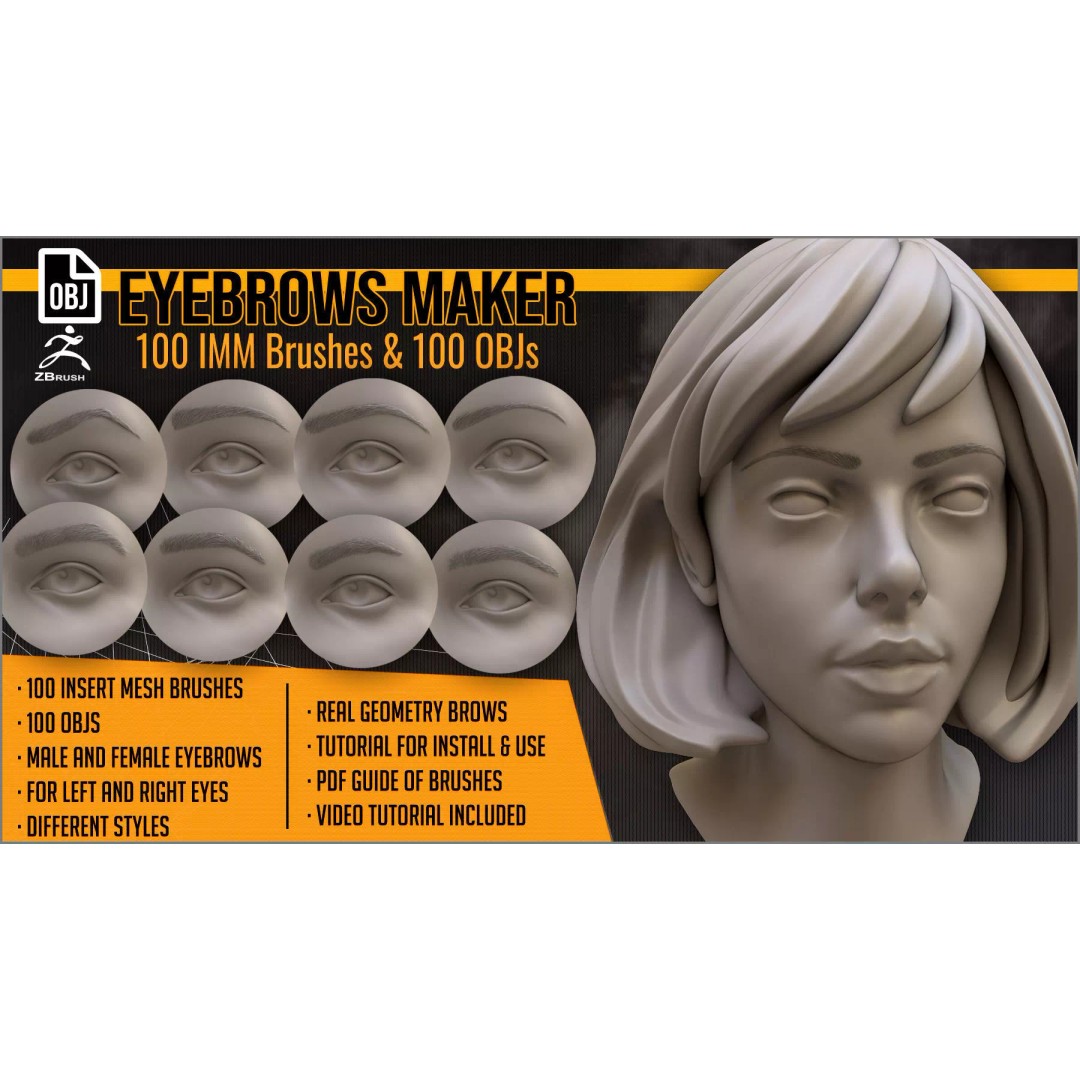 Eyebrows Maker 3D Model – ZBrush Brushes & OBJ Set for Characters - View 2