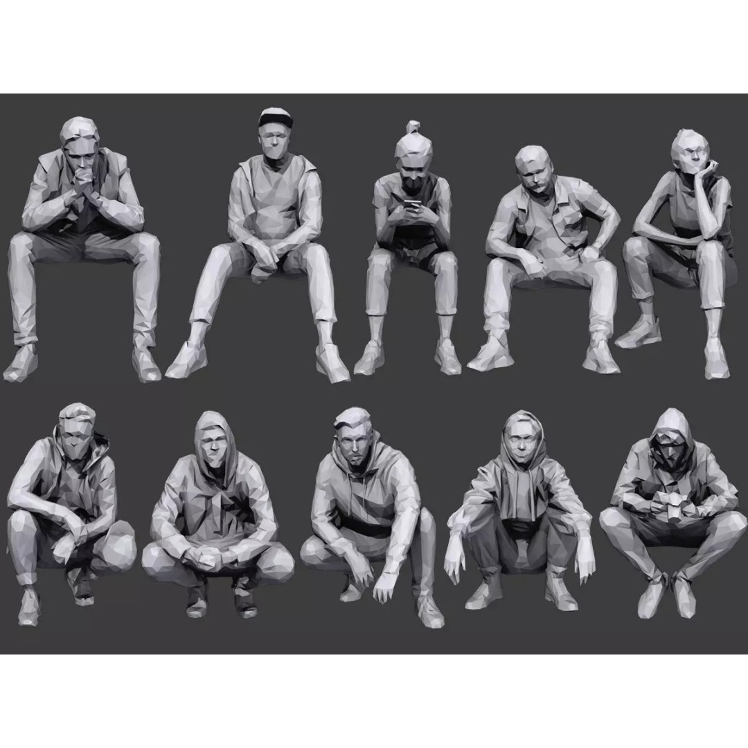 Sitting Characters 3D Model – Low Poly Stylized Pack for Archviz - View 2