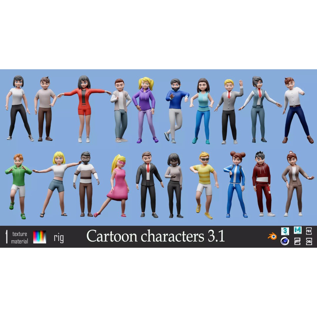 Cartoon Character 3D Models – Low Poly Rigged Set for Games, FBX, OBJ - View 2