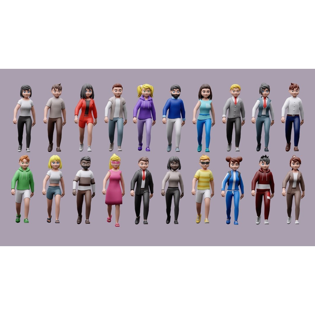 Cartoon Character 3D Models – Low Poly Rigged Set for Games, FBX, OBJ - View 4