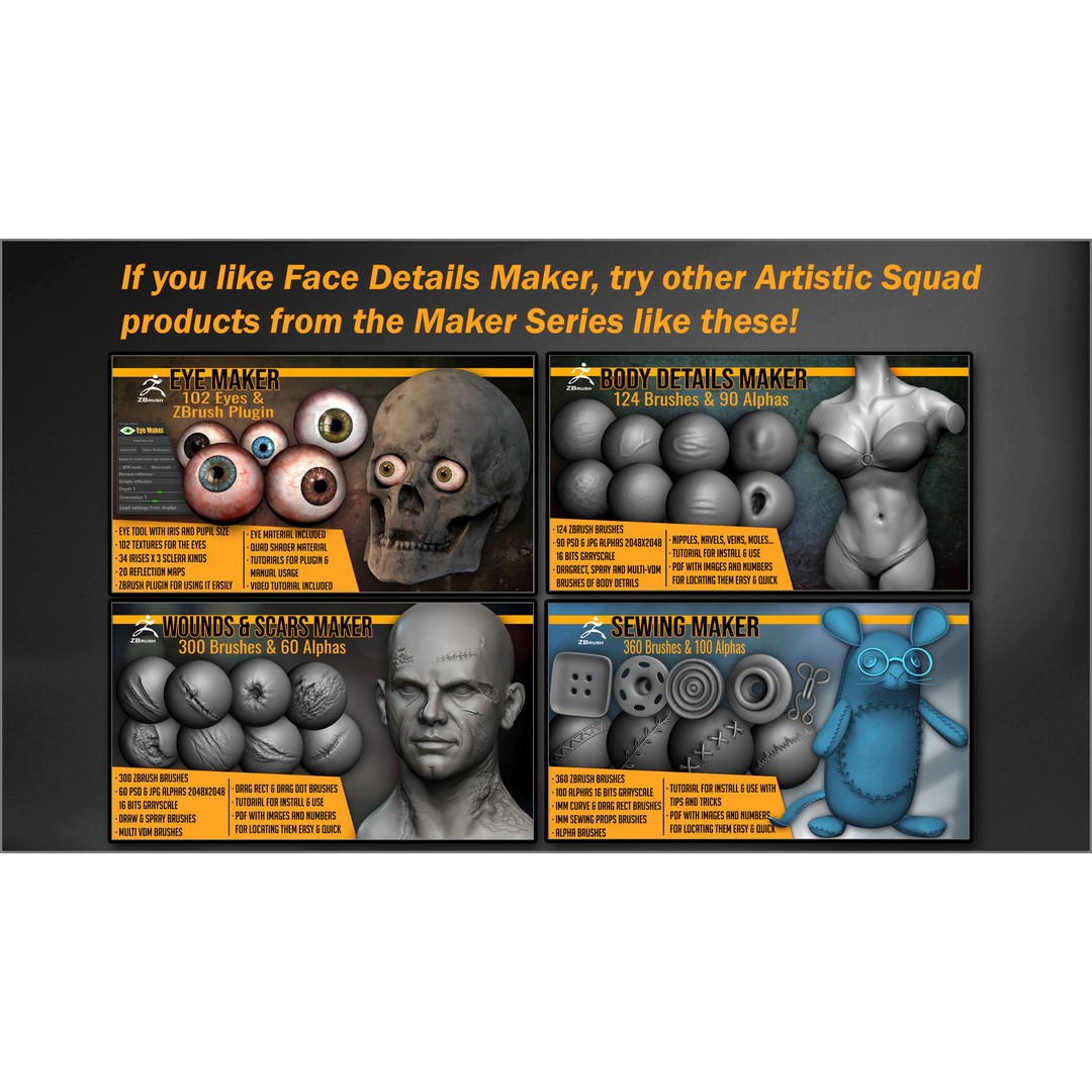 Face Details Maker 3D Model – 100 ZBrush Brushes for Realistic Textures