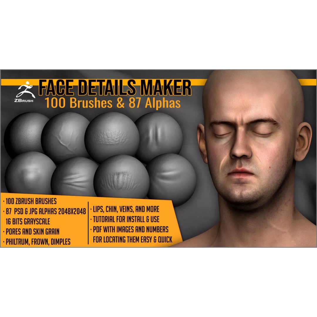 Face Details Maker 3D Model – 100 ZBrush Brushes for Realistic Textures - View 2