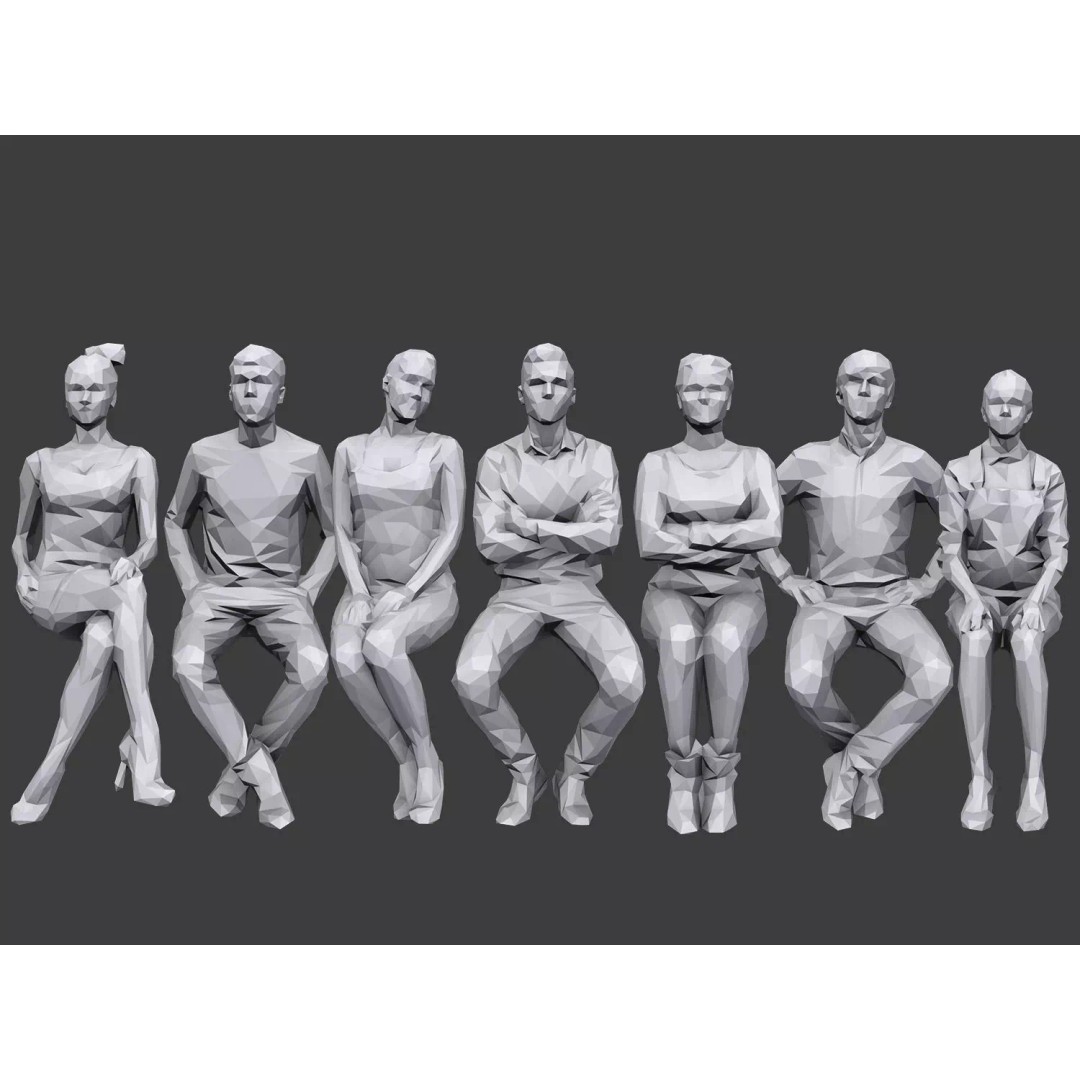 Sitting Characters 3D Model – Low Poly Stylized People Pack, FBX/OBJ - View 2