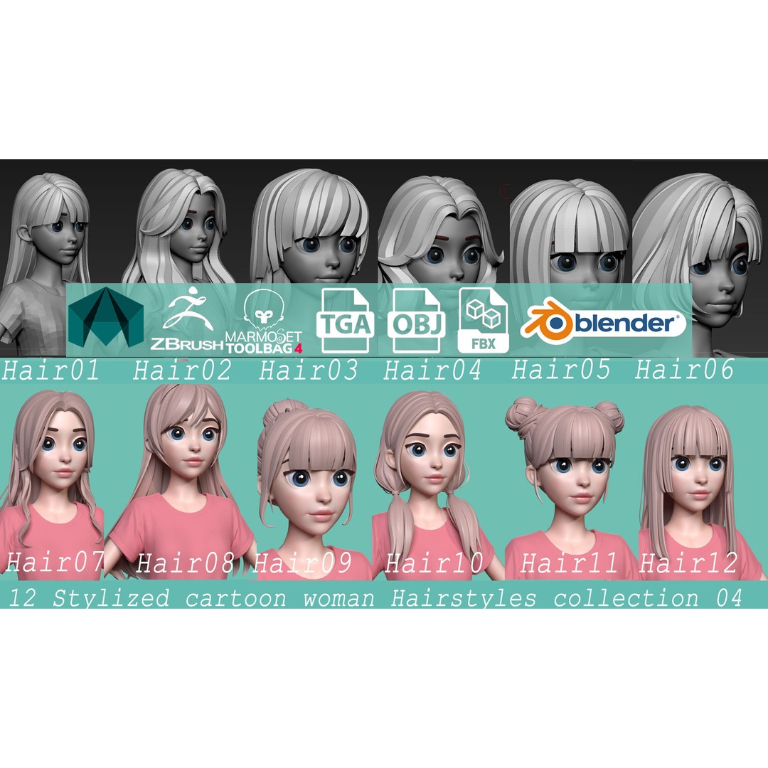 Stylized Hair 3D Model – Cartoon Low-Poly Package, FBX & OBJ