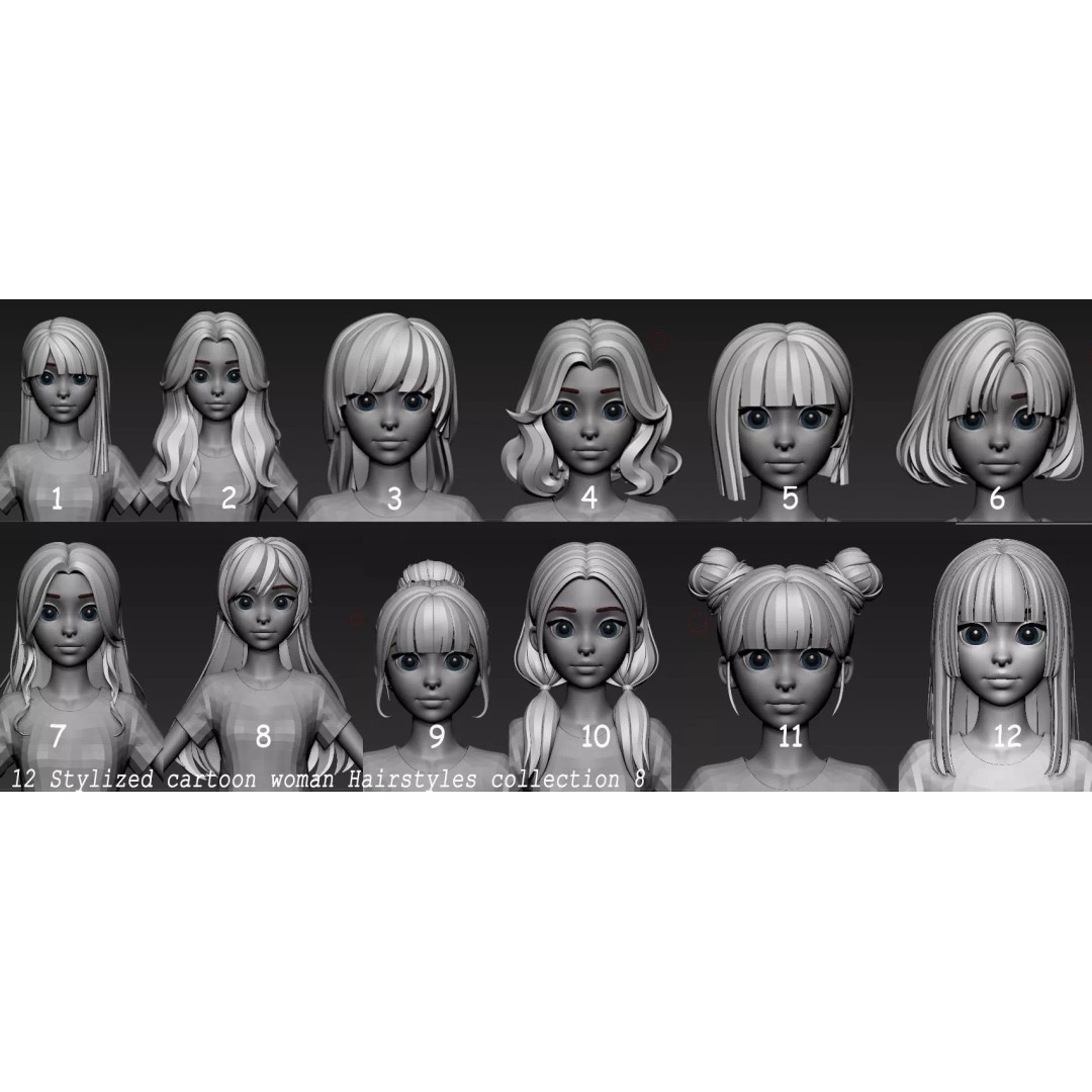 Stylized Hair 3D Model – Cartoon Low-Poly Package, FBX & OBJ - View 2