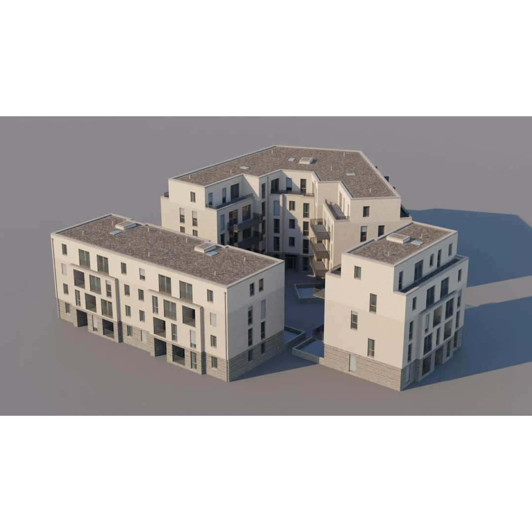 Modern Apartment Buildings 3D Model – Low Poly European Game Asset, FBX - View 2