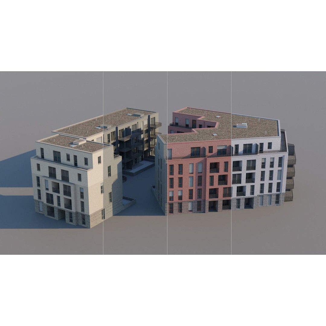 Modern Apartment Buildings 3D Model – Low Poly European Game Asset, FBX - View 3