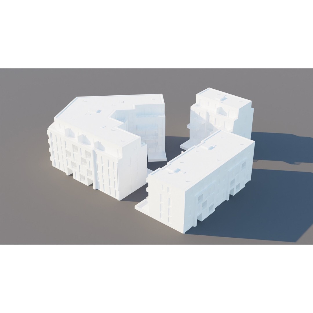 Modern Apartment Buildings 3D Model – Low Poly European Game Asset, FBX - View 9