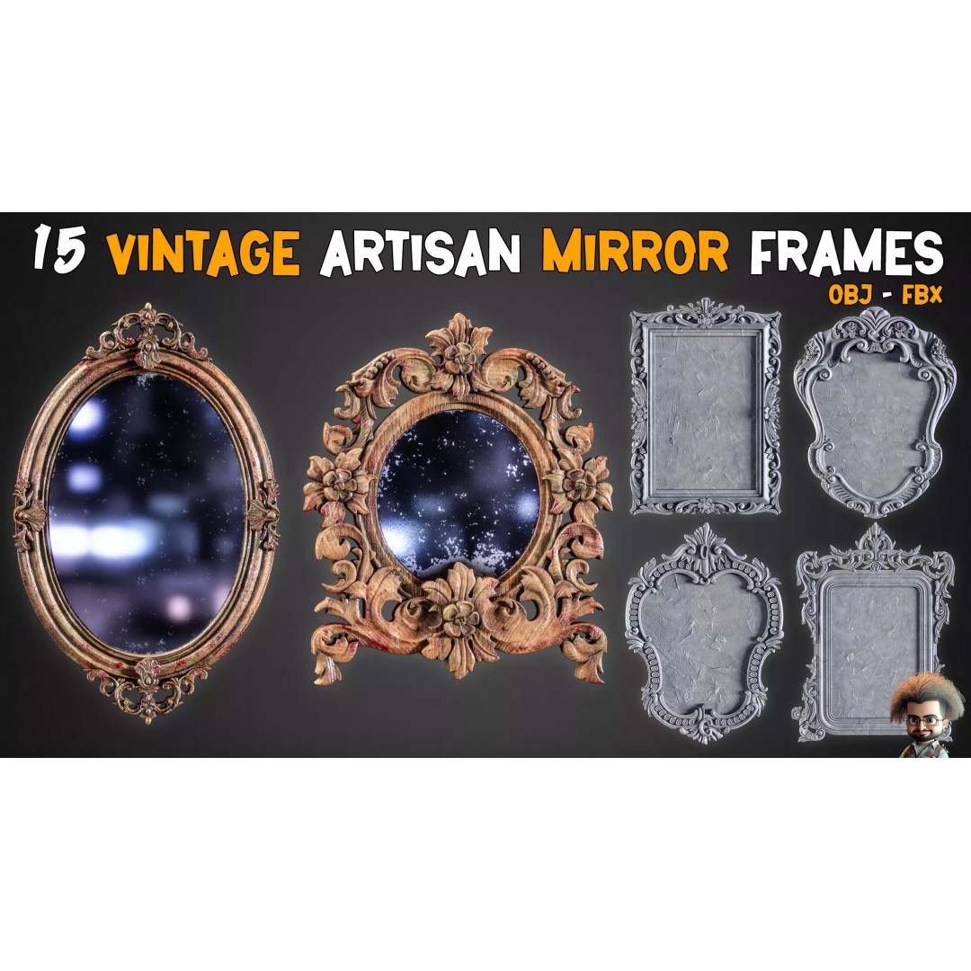 Vintage Mirror Frames 3D Model – Artisan Low-Poly Collection, FBX, OBJ, Blender - View 2