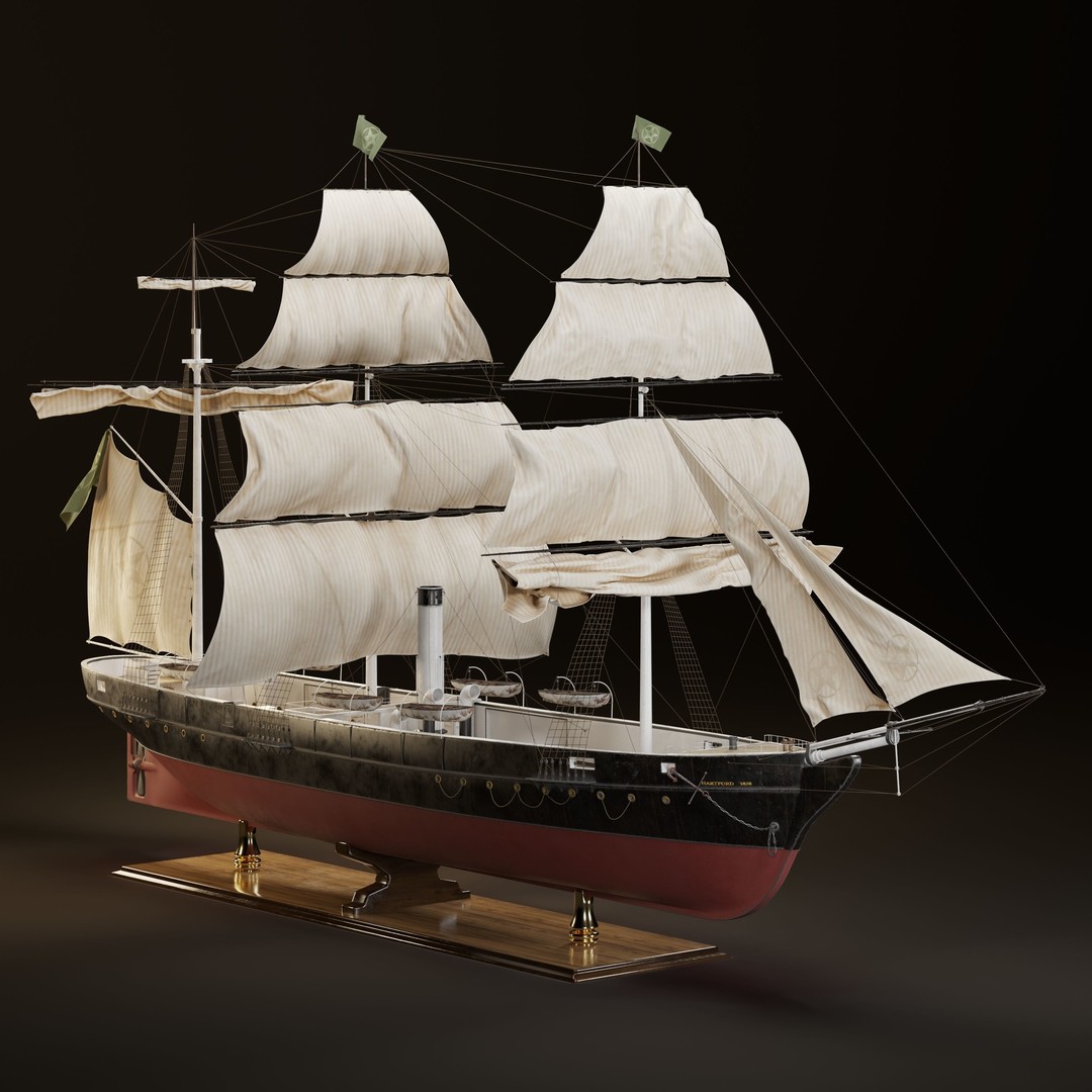Steamsail Hartford Sail Warship 3D Model – Historic Nautical Asset, FBX, OBJ - View 13