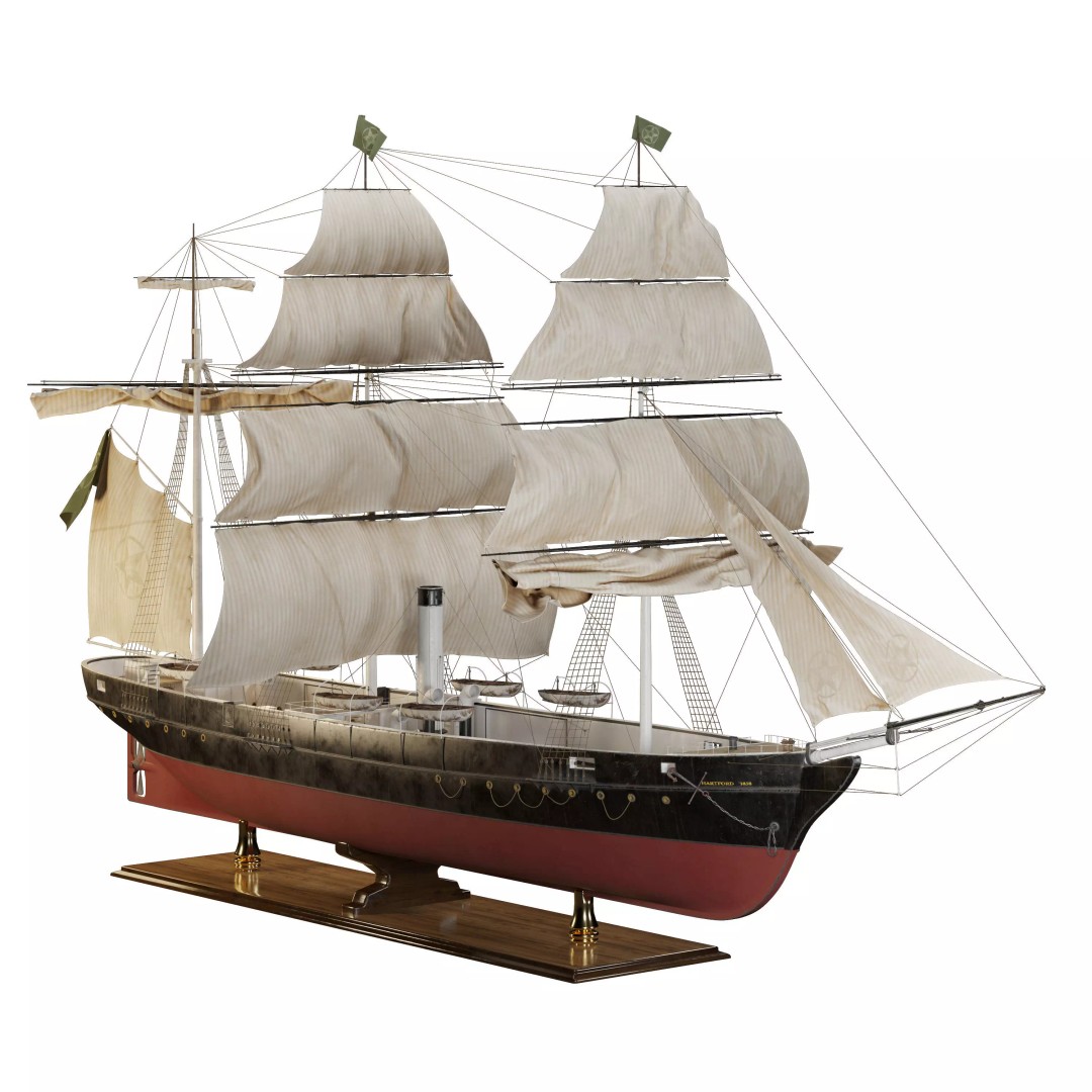 Steamsail Hartford Sail Warship 3D Model – Historic Nautical Asset, FBX, OBJ - View 2