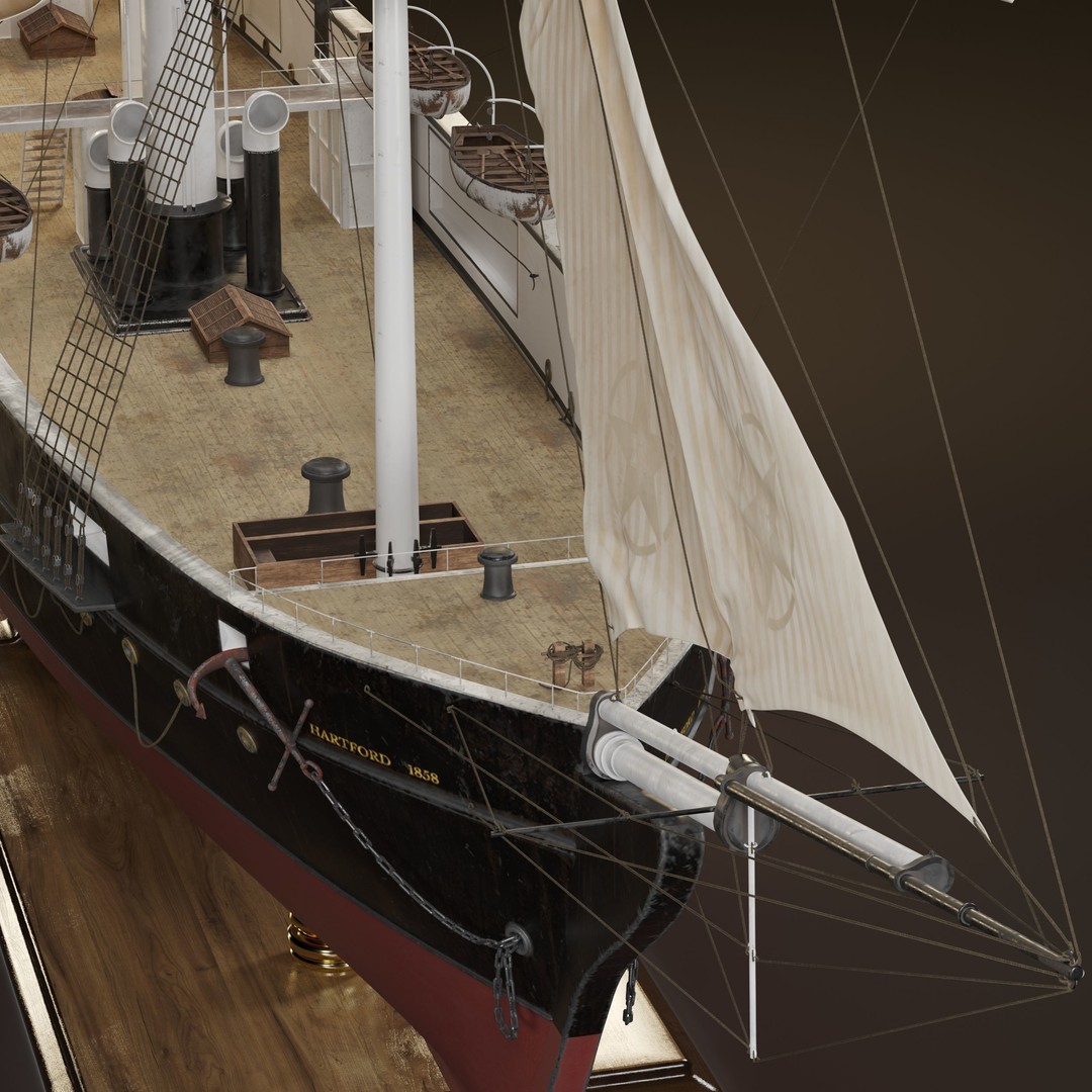 Steamsail Hartford Sail Warship 3D Model – Historic Nautical Asset, FBX, OBJ - View 4