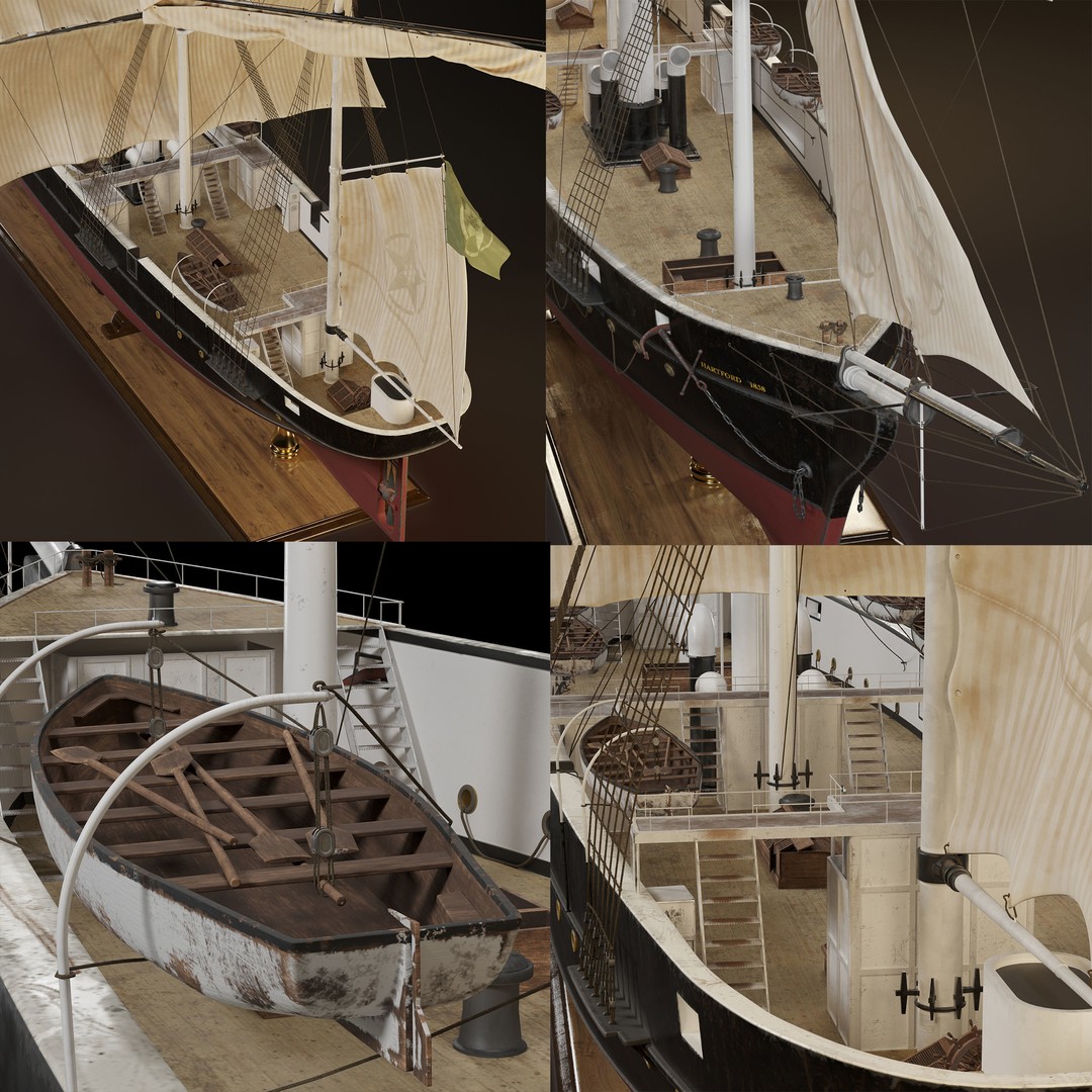 Steamsail Hartford Sail Warship 3D Model – Historic Nautical Asset, FBX, OBJ - View 8