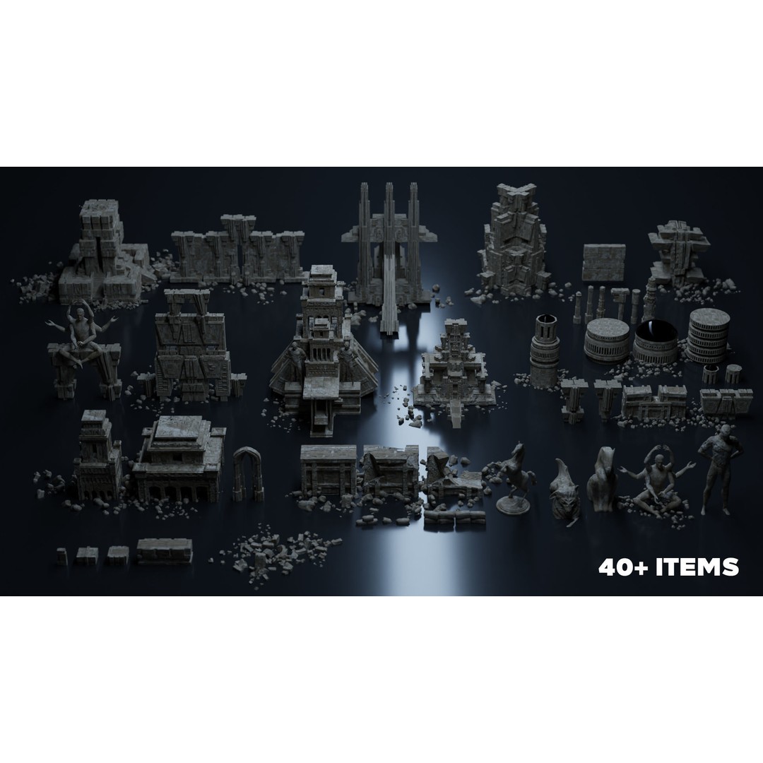 Ancient Temple 3D Model – Low Poly Kitbash Asset Pack, FBX - View 3