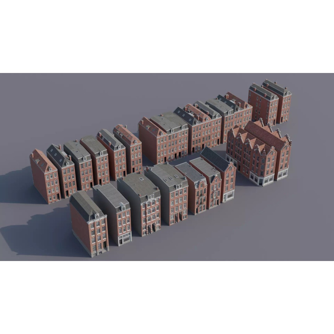 Dutch Style Brick Row Houses 3D Model – Low Poly Game-Ready Asset, FBX - View 2