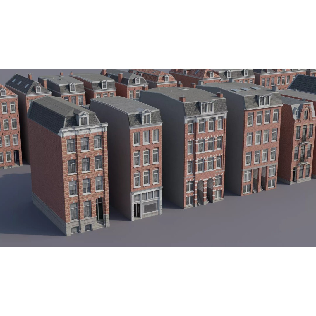 Dutch Style Brick Row Houses 3D Model – Low Poly Game-Ready Asset, FBX - View 3