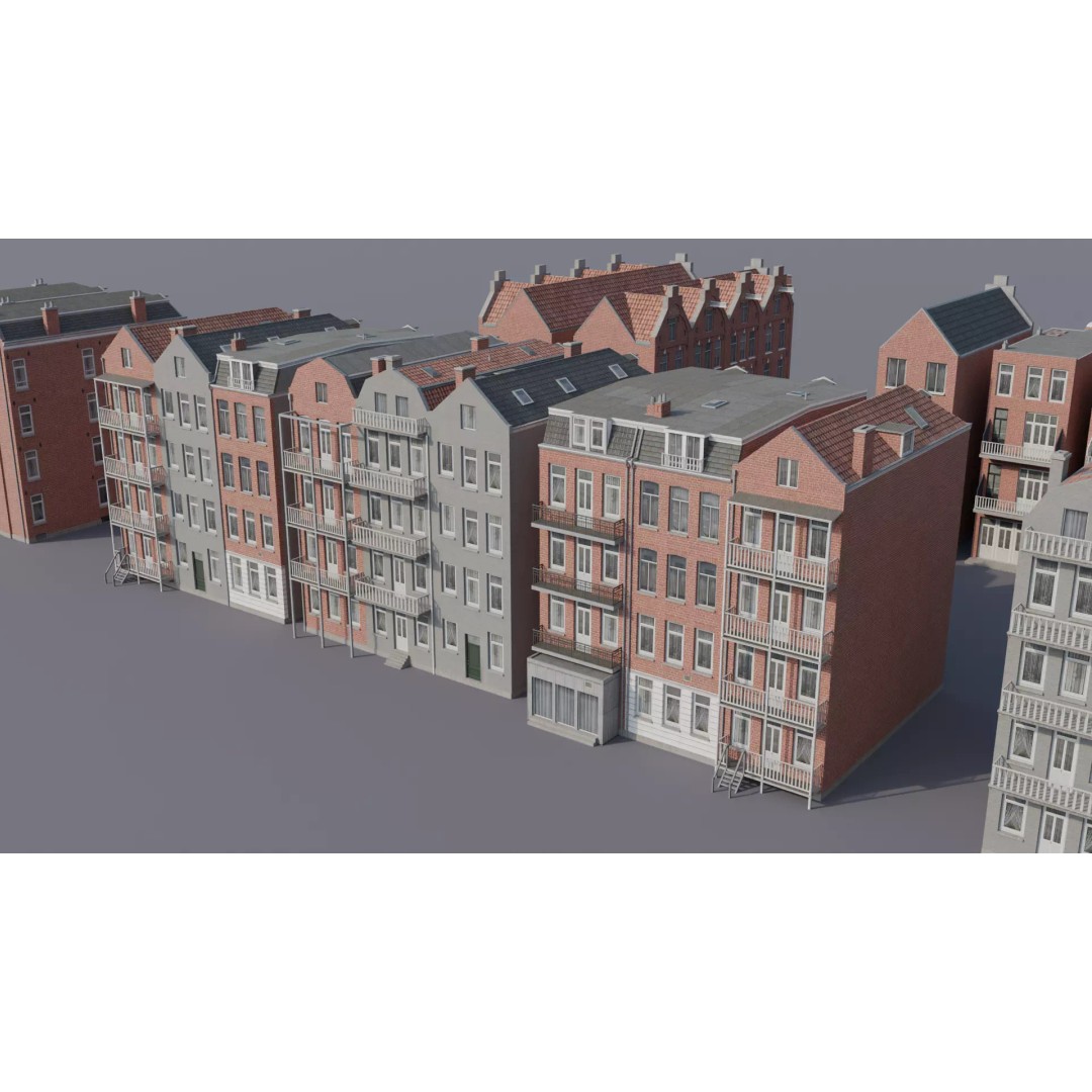 Dutch Style Brick Row Houses 3D Model – Low Poly Game-Ready Asset, FBX - View 4