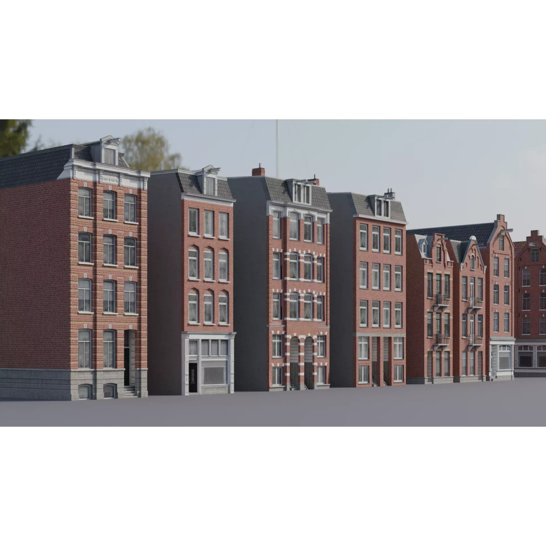 Dutch Style Brick Row Houses 3D Model – Low Poly Game-Ready Asset, FBX - View 6