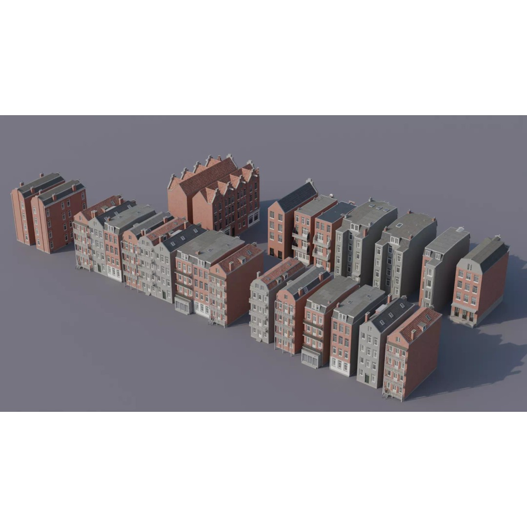Dutch Style Brick Row Houses 3D Model – Low Poly Game-Ready Asset, FBX - View 7