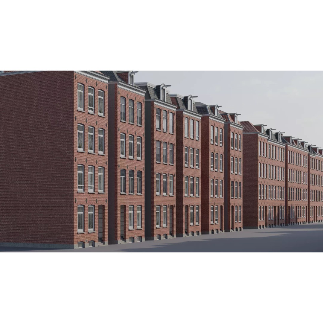 Dutch Style Brick Row Houses 3D Model – Low Poly Game-Ready Asset, FBX - View 8
