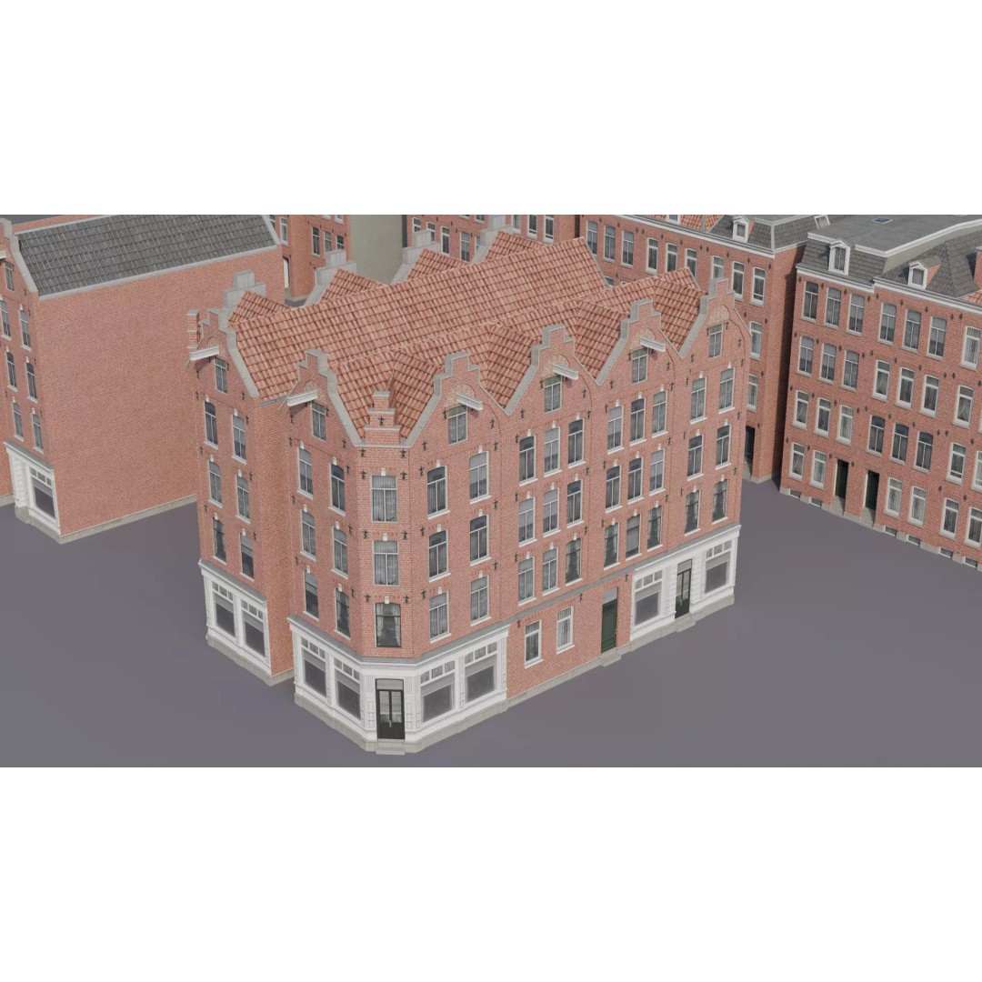 Dutch Style Brick Row Houses 3D Model – Low Poly Game-Ready Asset, FBX - View 9
