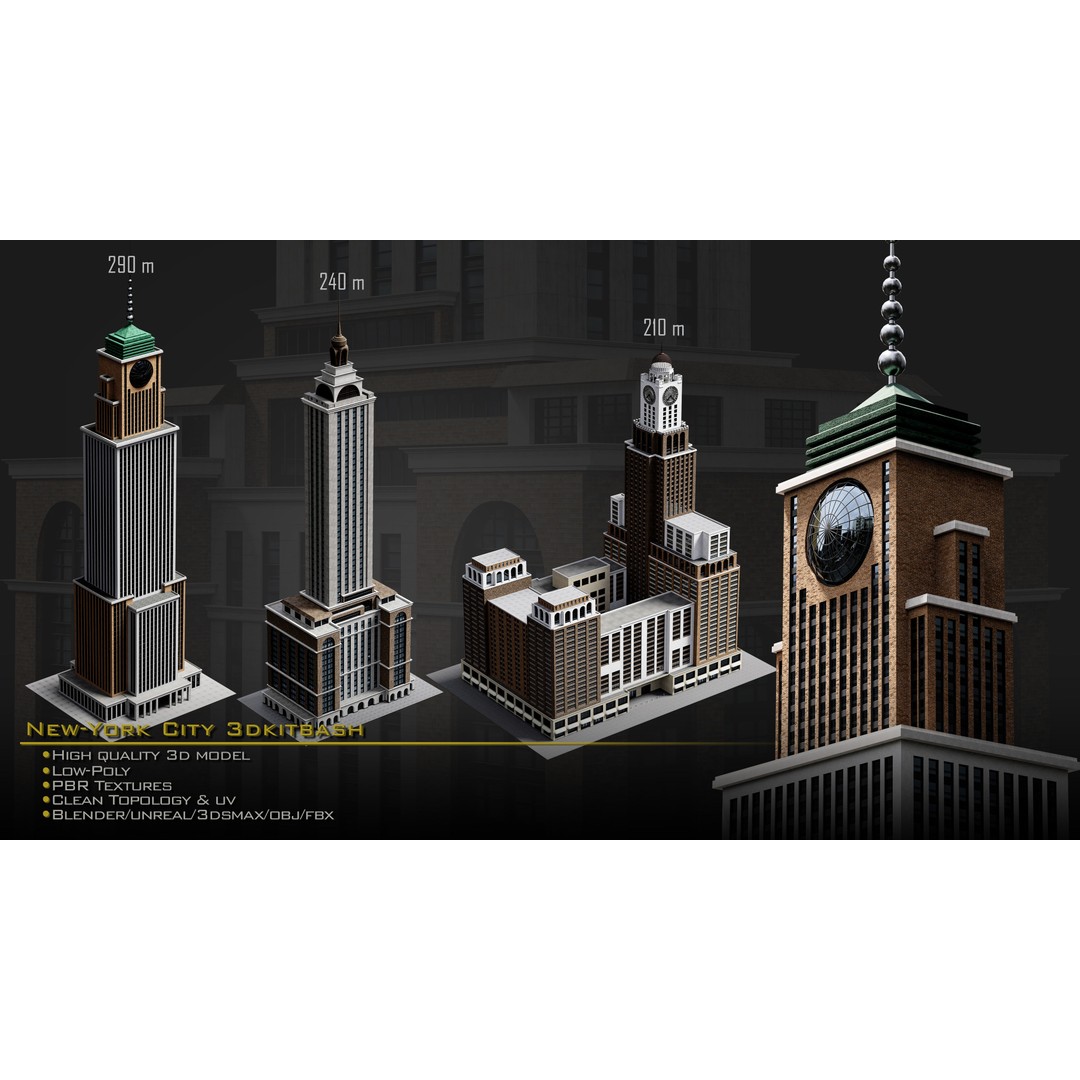 New York City Buildings 3D Model – Low Poly Kitbash for Blender & Unreal - View 6