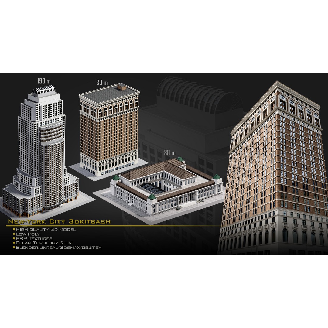 New York City Buildings 3D Model – Low Poly Kitbash for Blender & Unreal - View 7