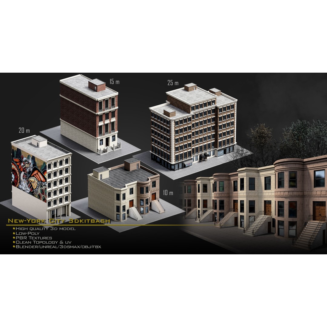 New York City Buildings 3D Model – Low Poly Kitbash for Blender & Unreal - View 8