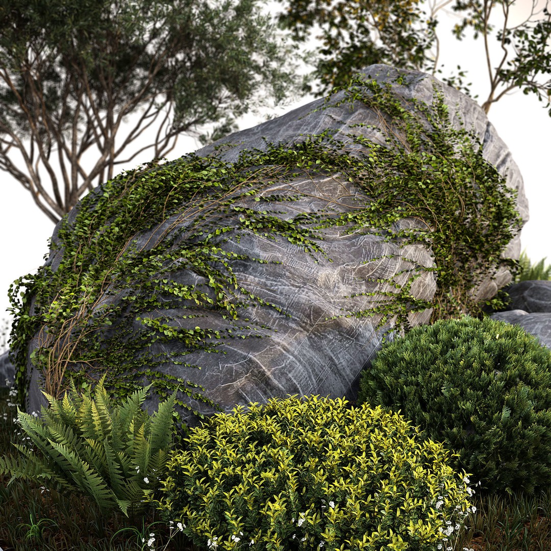 Rocks and Plants 3D Model – PBR Landscape Asset for Rendering - View 3
