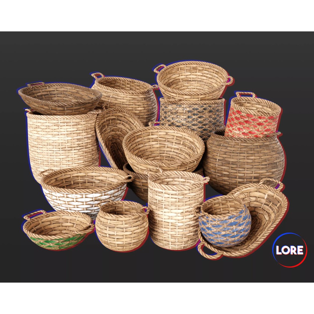 Woven Baskets 3D Model – Low Poly Medieval Game Asset, FBX, Blender - View 2
