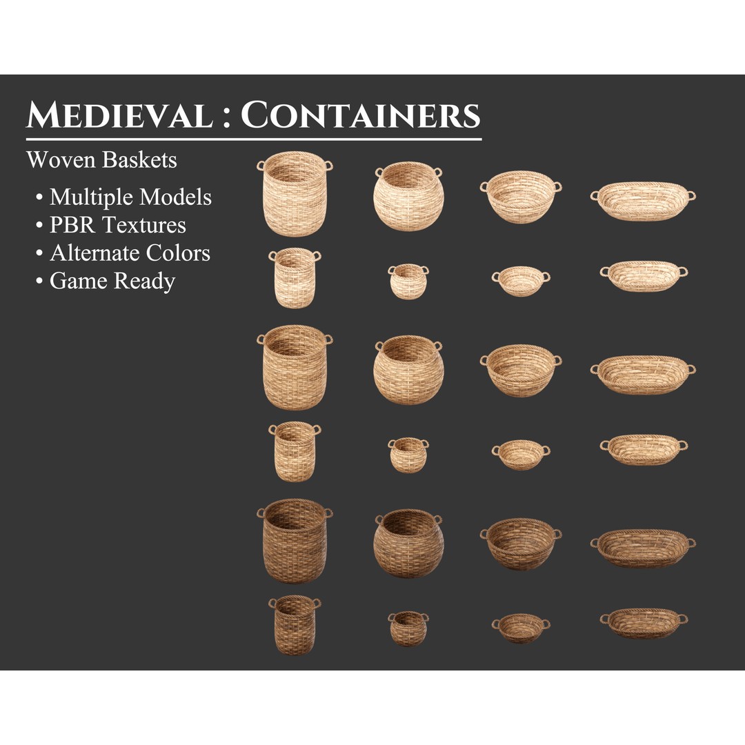 Woven Baskets 3D Model – Low Poly Medieval Game Asset, FBX, Blender - View 3