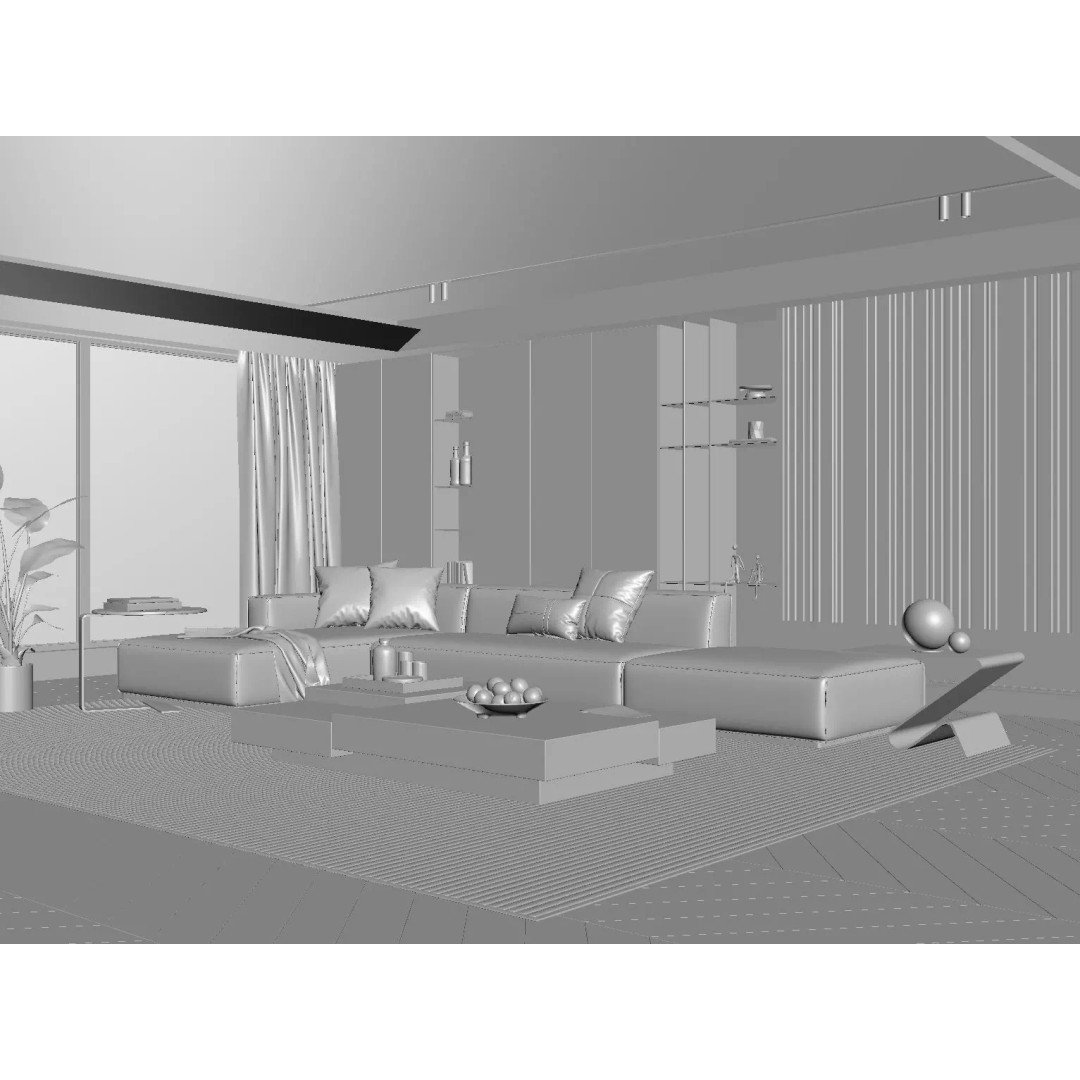 Modern Living Room 3D Model – Minimalist Interior Design, FBX & OBJ Formats
